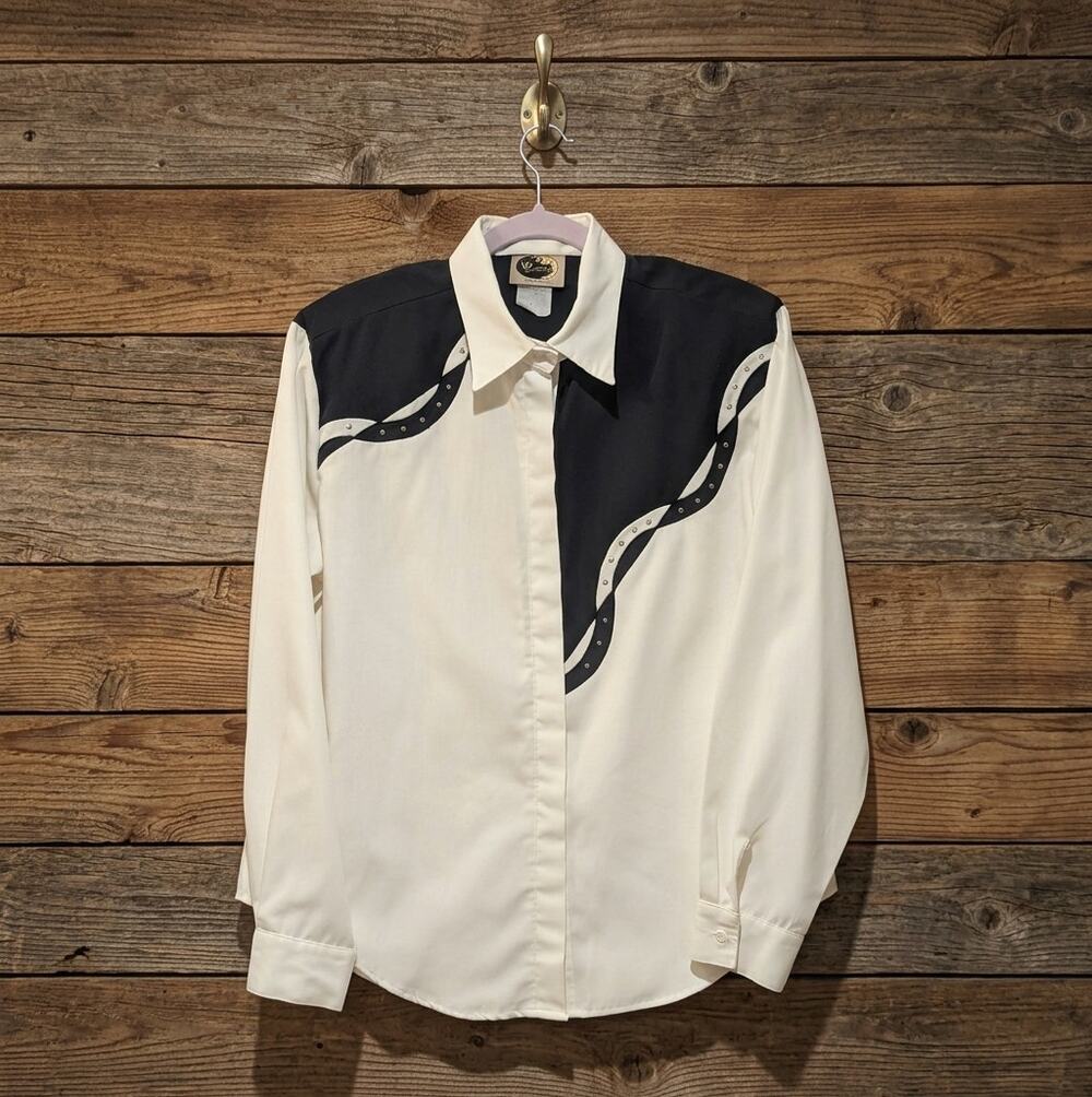 Vintage Western Shirt Ivory Black Yoke Silver Studs Rockabilly Large